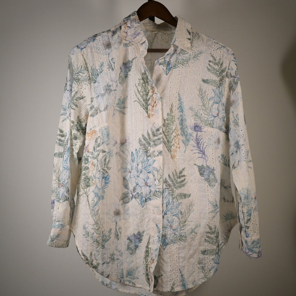 Adiva Women 1X Floral Eyelet Lace Button Down Shirt Blue Green Long Sleeve Top